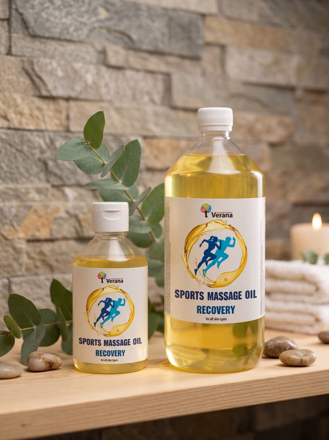 Masážny olej Verana vo wellness scéne s eukalyptom a sviečkou – AI scéna