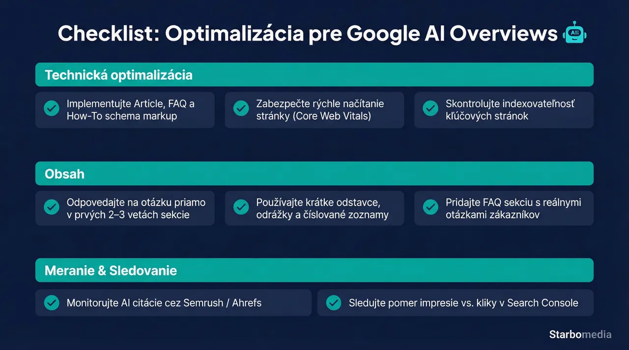 Checklist optimalizácie obsahu pre Google AI Overviews – schema markup, štruktúra textu, FAQ sekcie a ďalšie odporúčania