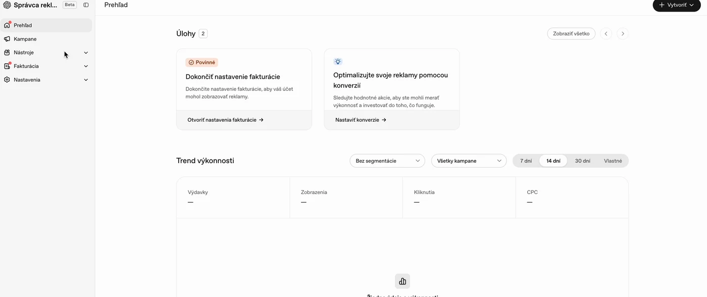 Slovenské rozhranie ChatGPT Ads Managera – Prehľad účtu