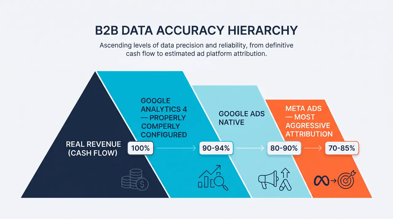 Hierarchia presnosti dát v ecommerce trackingu – cash je kráľ, GA4, Google Ads a Meta Ads pyramída
