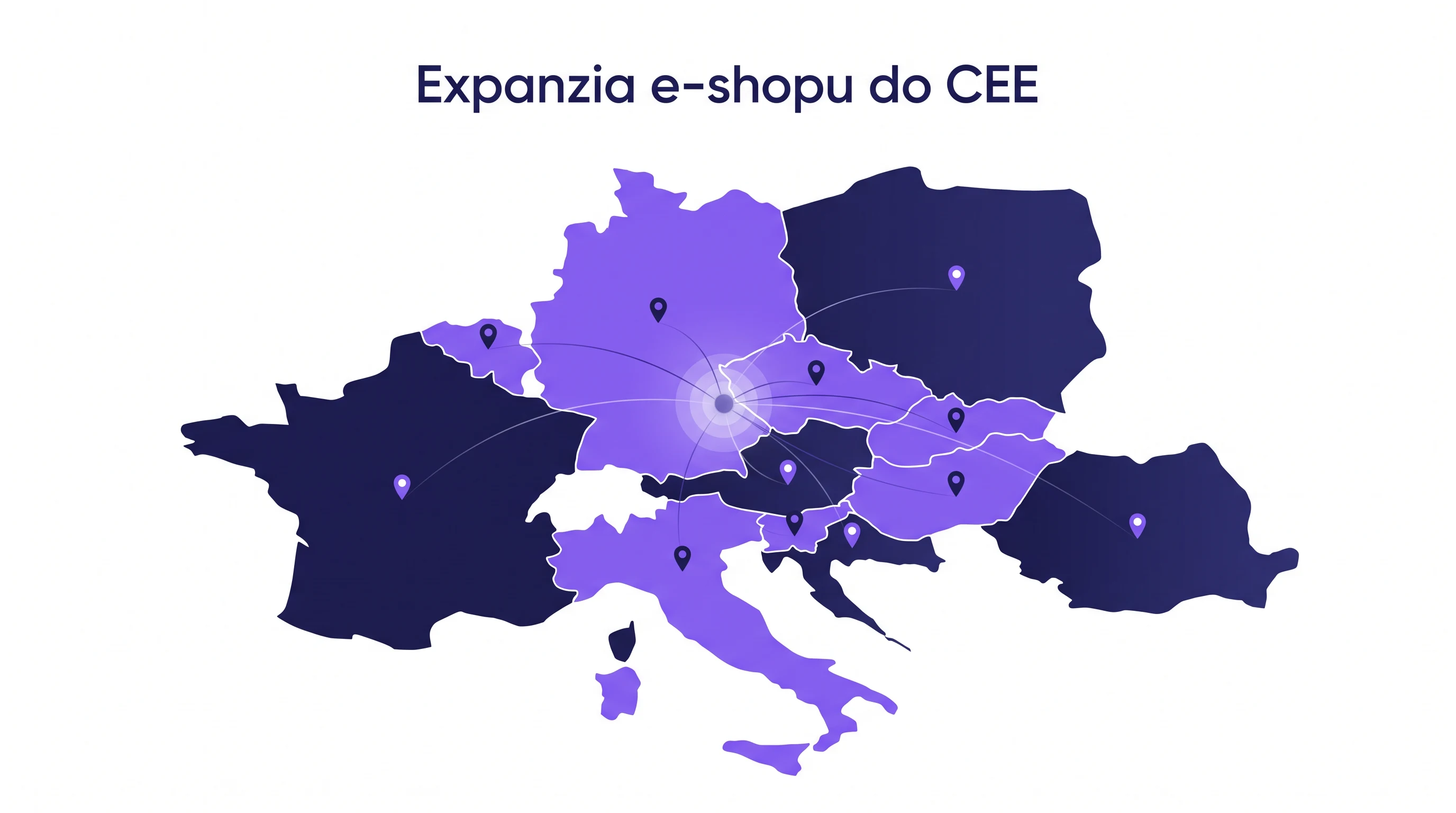 Mapa strednej a východnej Európy s vyznačenými trhmi pre expanziu e-shopu cez Google Ads