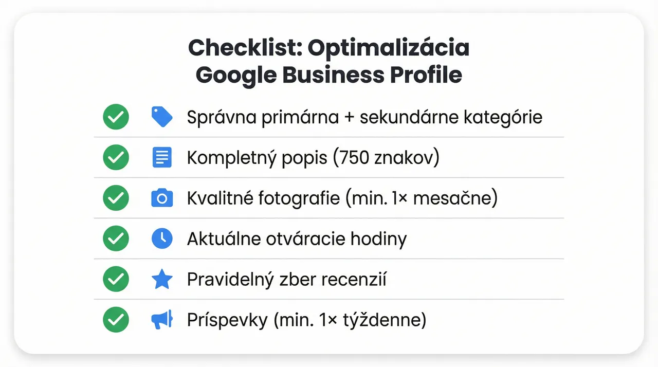 Checklist na optimalizáciu Google Business Profile – kategórie, popis, fotografie, otváracie hodiny, recenzie a príspevky