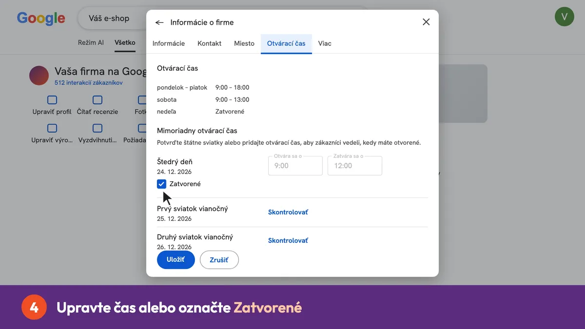 Videonávod: ako v Google profile nastaviť sviatočné otváracie hodiny