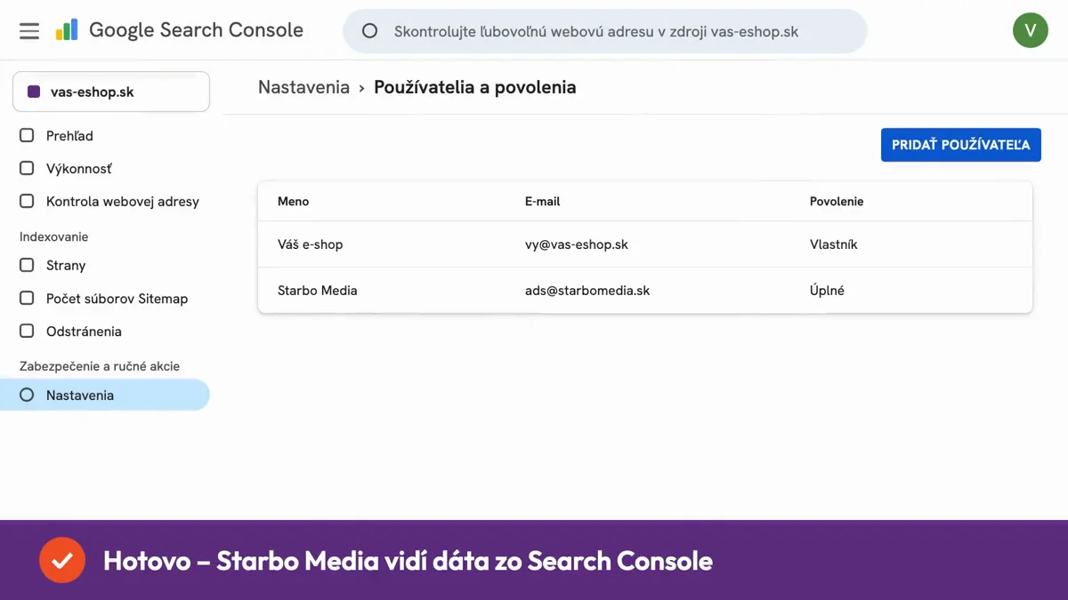 Videonávod: ako pridať používateľa v Google Search Console – Nastavenia, Používatelia a povolenia, Pridať používateľa
