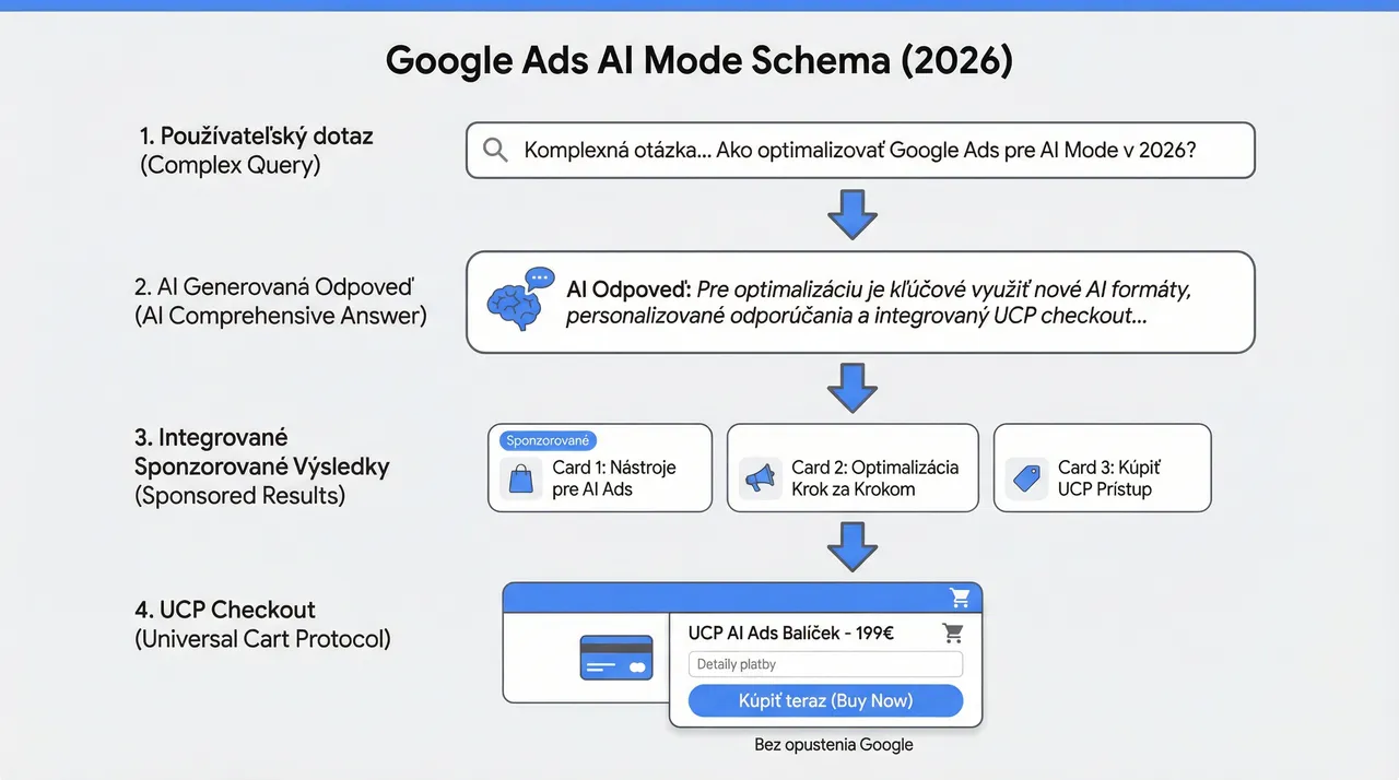 Schéma fungovania reklám v Google AI Mode – od používateľského dotazu cez AI odpoveď po integrované sponzorované výsledky a UCP checkout