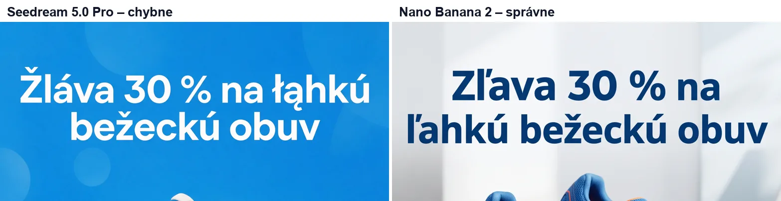 Detail chybnej slovenskej diakritiky u Seedreamu (Žláva, łahkú) vedľa správneho textu z Nano Banana 2