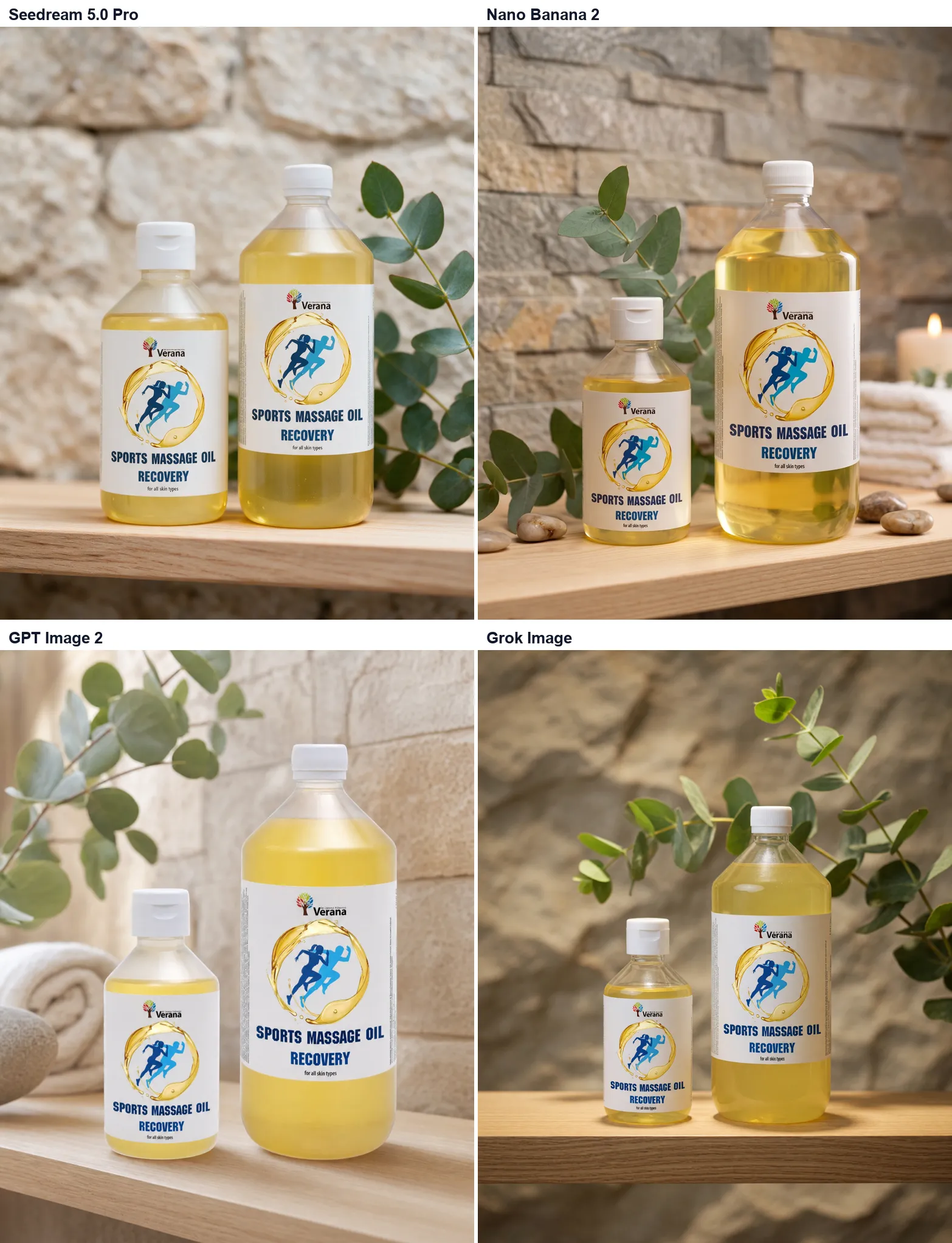 Zachovanie textu na etikete masážneho oleja pri generovaní reklamnej scény štyrmi AI modelmi