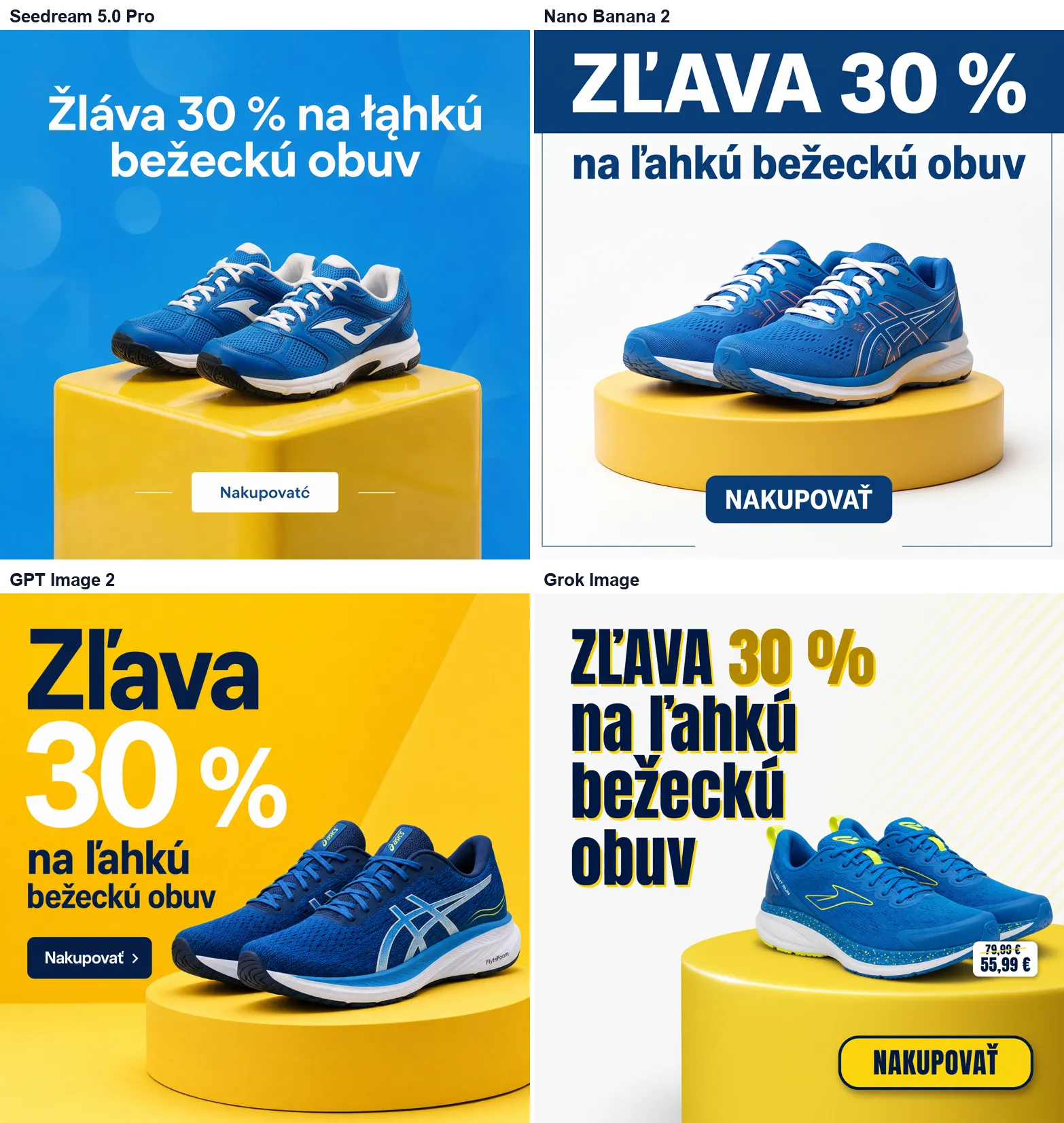 Test slovenskej diakritiky v AI banneroch: Zľava 30 % na ľahkú bežeckú obuv v štyroch modeloch