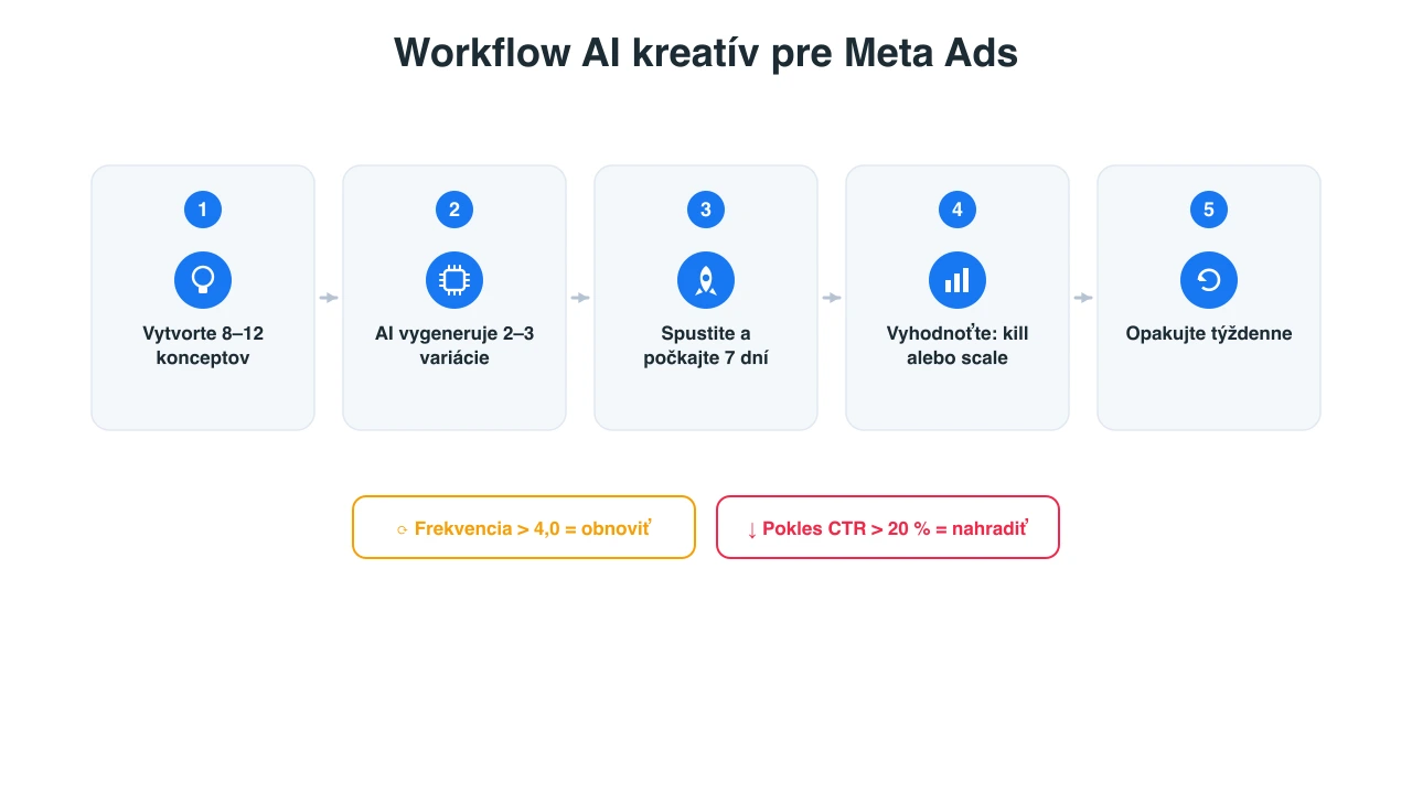 Diagram workflow tvorby AI kreatív pre Meta Ads: od konceptu cez AI generovanie po testovanie a škálovanie
