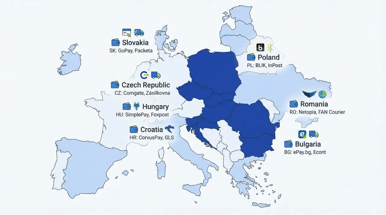 Mapa strednej a východnej Európy s prehľadom hlavných platobných brán a dopravcov v každej krajine