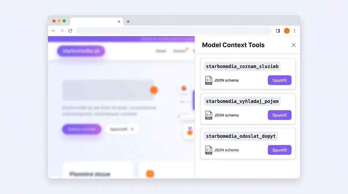 Tri WebMCP nástroje webu starbomedia.sk zobrazené v rozšírení Model Context Tool Inspector